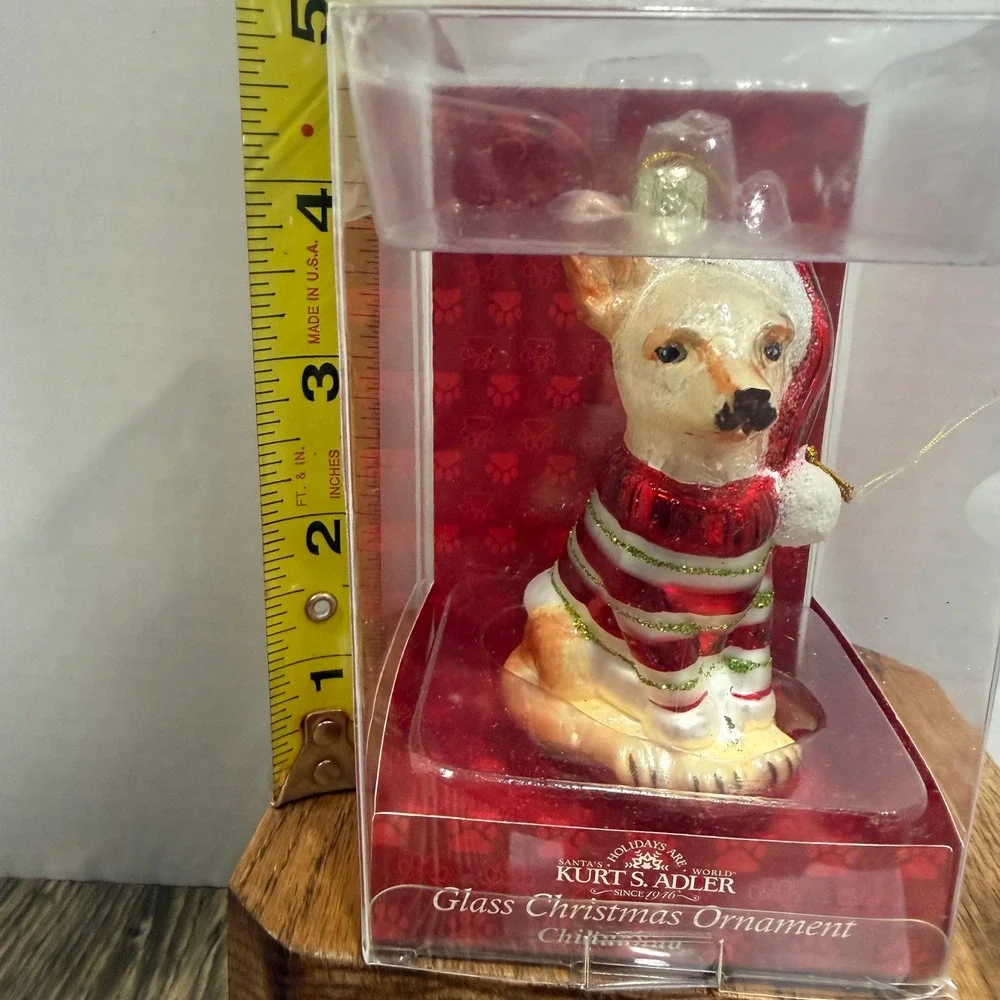 Kurt S Adler Glass Chihuahua Christmas Ornament Red Striped Sweater Santa Hat